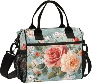 Floral Red Roses Lunch Bag Reusable Lunch Tote Bags Insulated Leakproof Cooler Bag Lunch Box Adjustable Shoulder Meal Holder for Women Men Work Picnic Camping