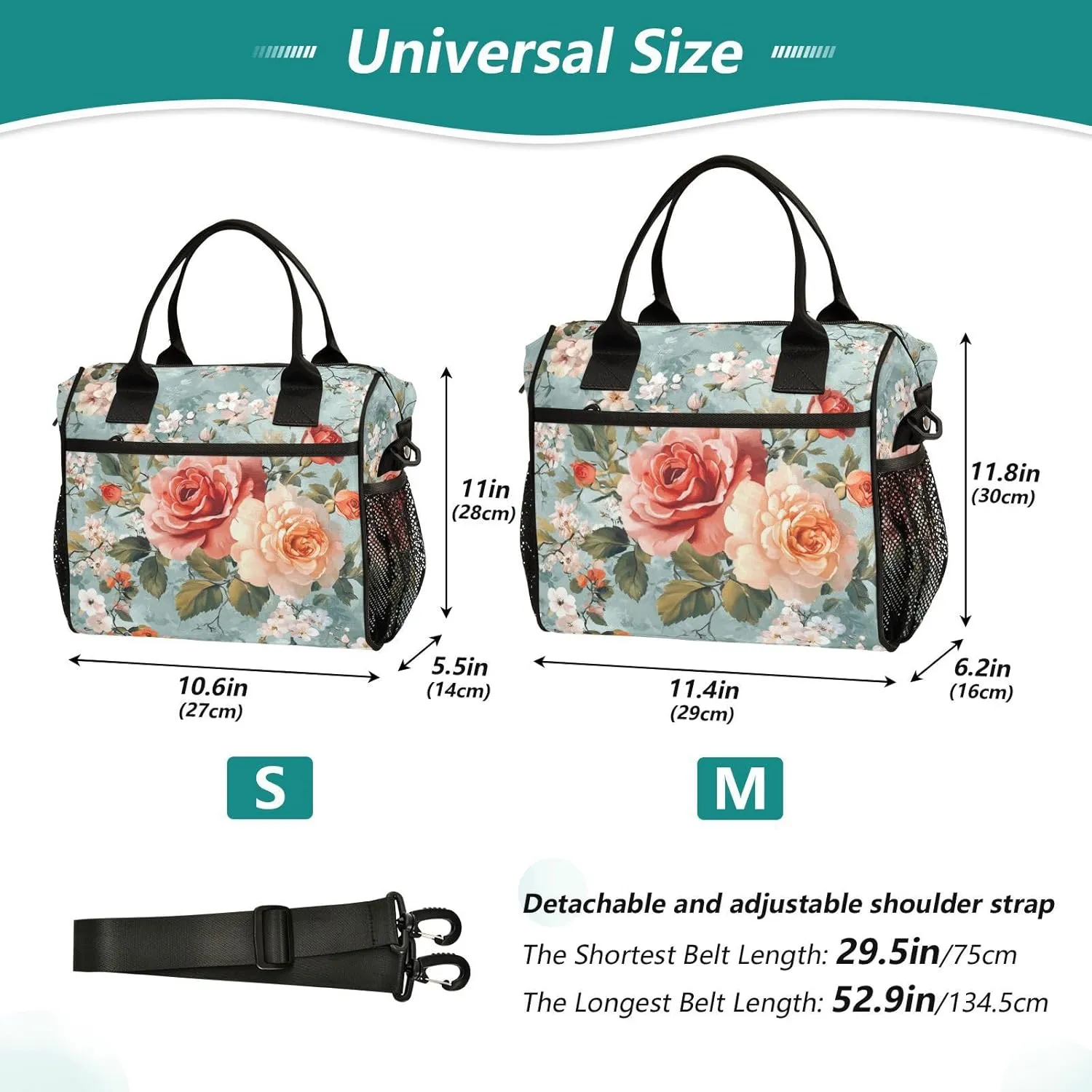 Floral Red Roses Lunch Bag Reusable Lunch Tote Bags Insulated Leakproof Cooler Bag Lunch Box Adjustable Shoulder Meal Holder for Women Men Work Picnic Camping