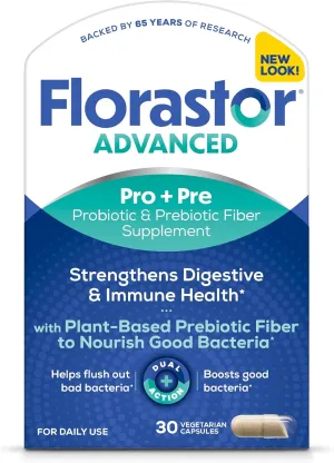 Florastor Select Pro Pre Daily Probiotic and Prebiotic Supplement for Women and Men, Boosts Good Bacteria, Saccharomyces Boulardii CNCM I-745 (30 Capsules) (Pack of 1)