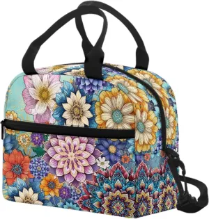 Flower Lunch Box for School Girls 6th Grade Cute Insulated Lunch Bags for Women Tote Cooler Bag College Adult Reusable Lunch Tote Bag for Work Picnic Travel Snack Bento Pouch