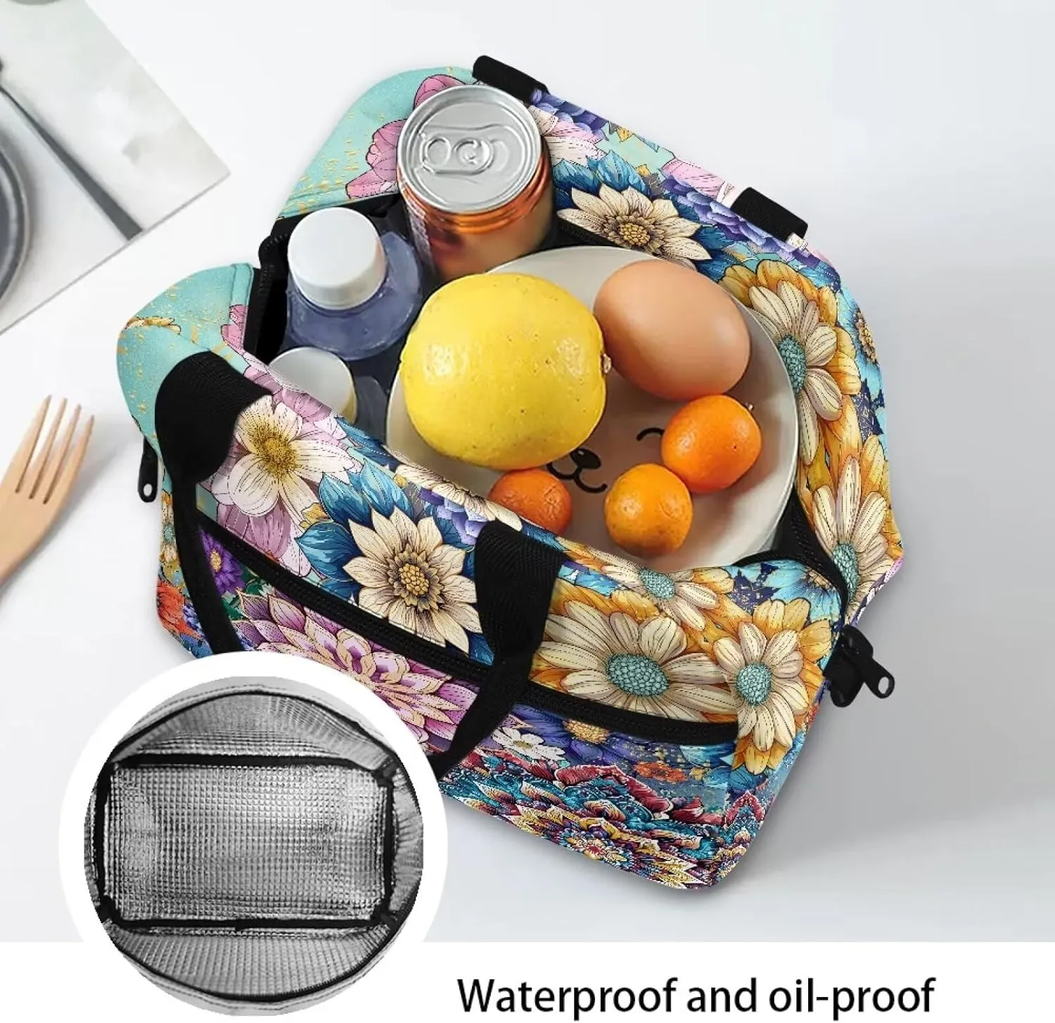 Flower Lunch Box for School Girls 6th Grade Cute Insulated Lunch Bags for Women Tote Cooler Bag College Adult Reusable Lunch Tote Bag for Work Picnic Travel Snack Bento Pouch
