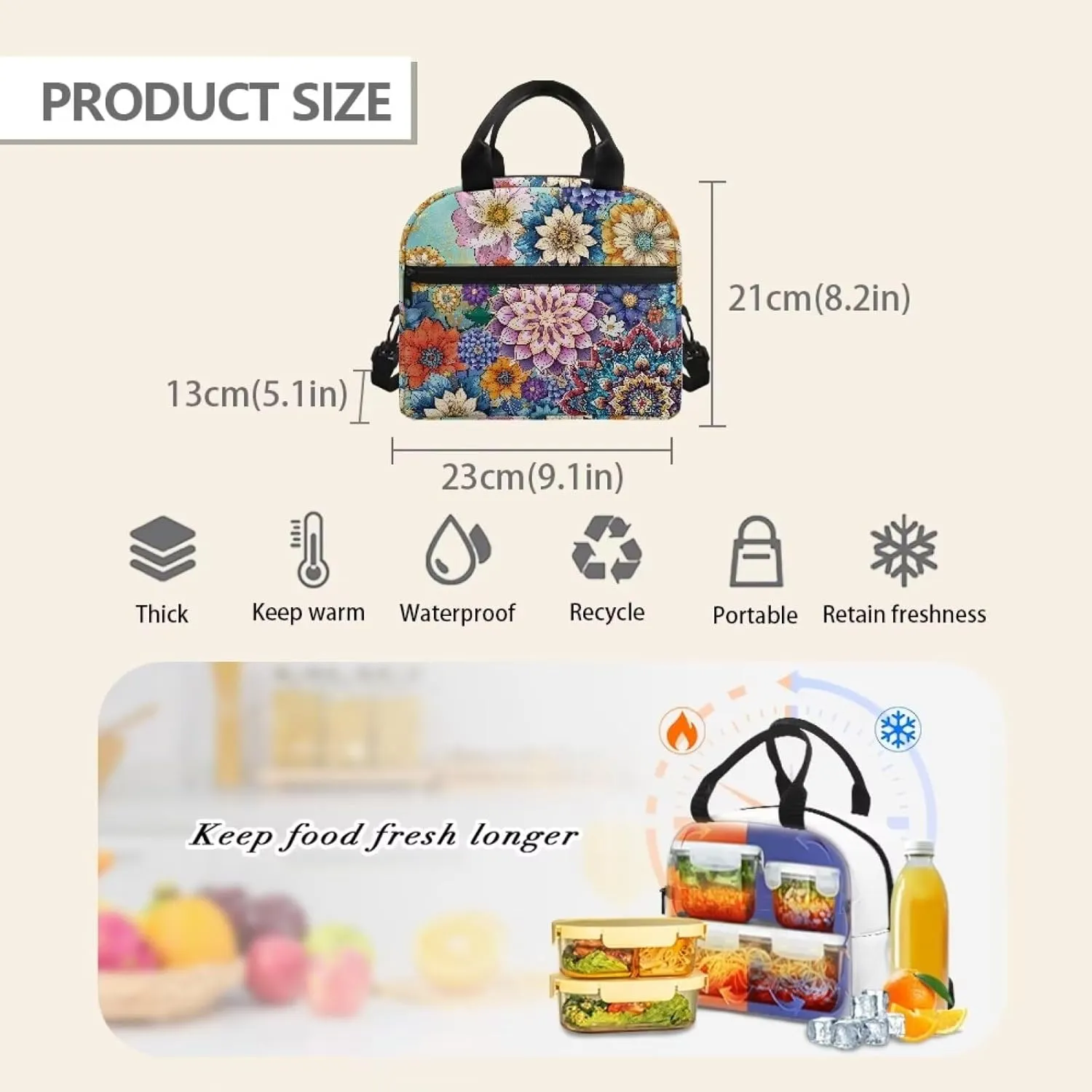 Flower Lunch Box for School Girls 6th Grade Cute Insulated Lunch Bags for Women Tote Cooler Bag College Adult Reusable Lunch Tote Bag for Work Picnic Travel Snack Bento Pouch