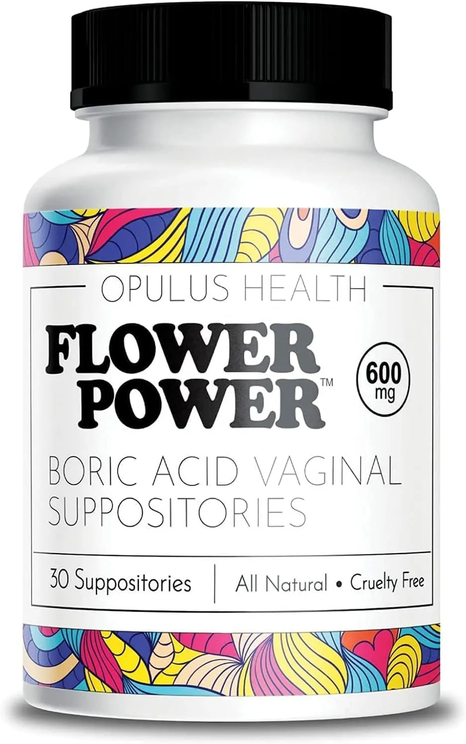 Flower Power Vegan Boric Acid Suppositories - 30 Capsules - 600mg for Vaginal Odor and pH Balance - Made in USA