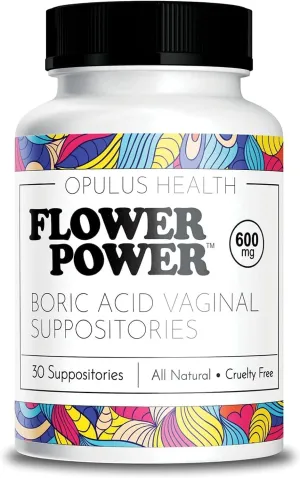 Flower Power Vegan Boric Acid Suppositories - 30 Capsules - 600mg for Vaginal Odor and pH Balance - Made in USA