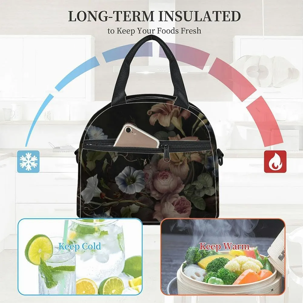 Flowers dark concrete grunge wall Loft modern classic baroque rococo Insulated Adult Lunch Bag with Shoulder Strap for Women Lightweight Reusable Portable Freezable Lunch Tote Bag for Work Picnic