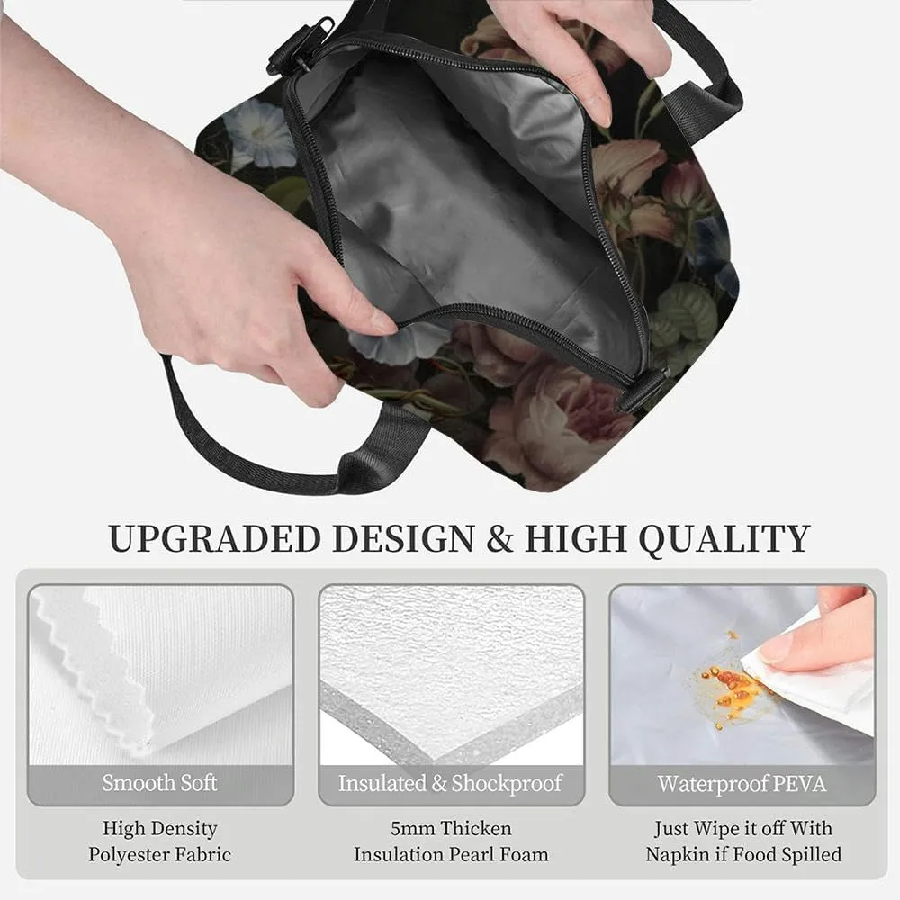 Flowers dark concrete grunge wall Loft modern classic baroque rococo Insulated Adult Lunch Bag with Shoulder Strap for Women Lightweight Reusable Portable Freezable Lunch Tote Bag for Work Picnic