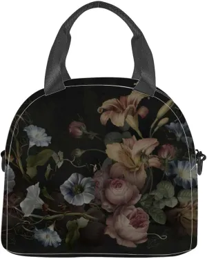 Flowers dark concrete grunge wall Loft modern classic baroque rococo Insulated Adult Lunch Bag with Shoulder Strap for Women Lightweight Reusable Portable Freezable Lunch Tote Bag for Work Picnic