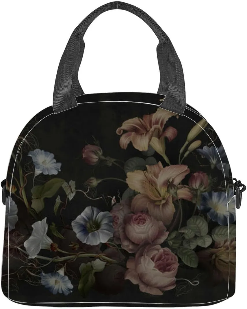 Flowers dark concrete grunge wall Loft modern classic baroque rococo Insulated Adult Lunch Bag with Shoulder Strap for Women Lightweight Reusable Portable Freezable Lunch Tote Bag for Work Picnic