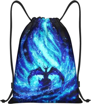 Fly Dragon Drawstring Bags Cool Blue Flame Sport Gym Sackpack Black Backgound Drawstring Backpack for Men Beach Yoga Swim String Bag Cinch Bag