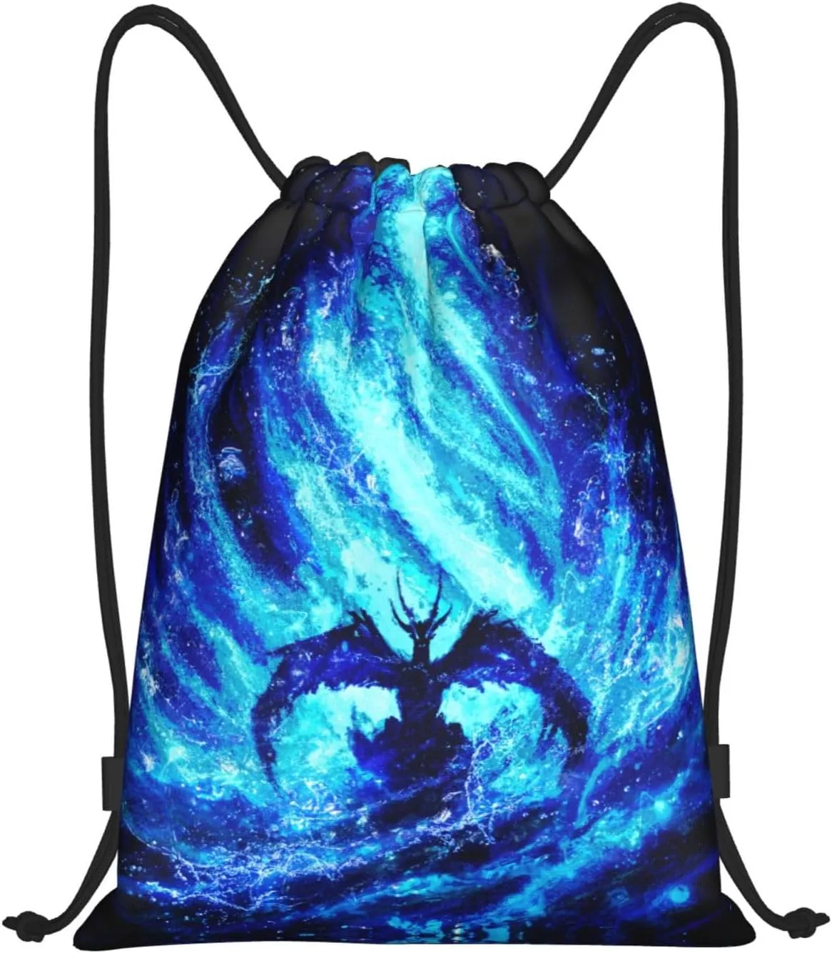 Fly Dragon Drawstring Bags Cool Blue Flame Sport Gym Sackpack Black Backgound Drawstring Backpack for Men Beach Yoga Swim String Bag Cinch Bag