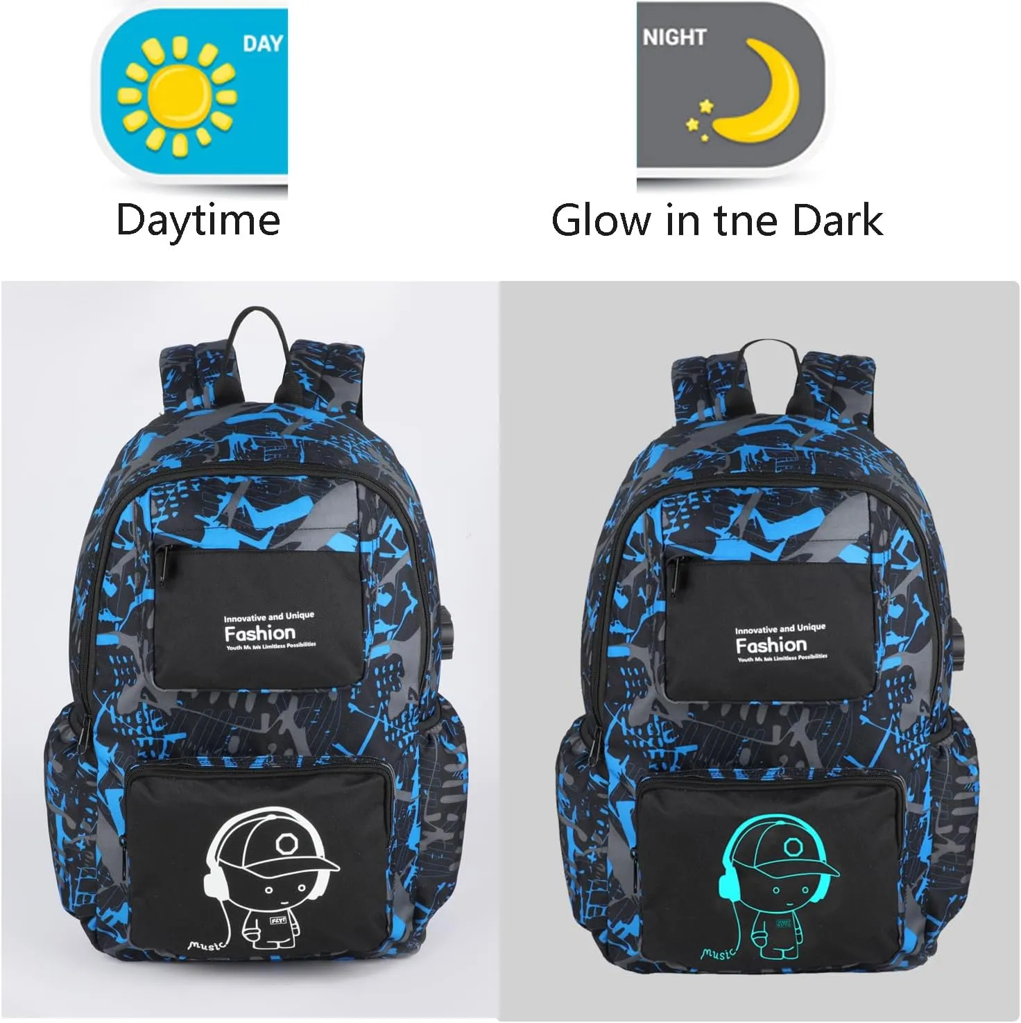 FLYMEI Bookbags for Teen Boys Anime Cartoon Luminous Backpack with USB Charging Port 17 Inch Cool Laptop School Backpack for Men, Graffiti Blue