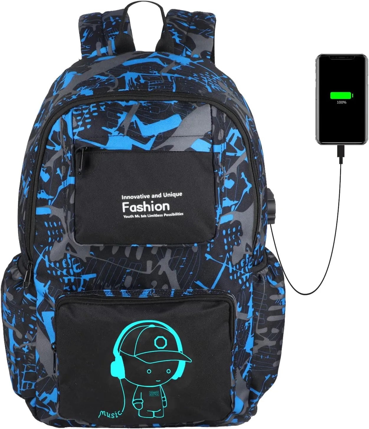FLYMEI Bookbags for Teen Boys Anime Cartoon Luminous Backpack with USB Charging Port 17 Inch Cool Laptop School Backpack for Men, Graffiti Blue