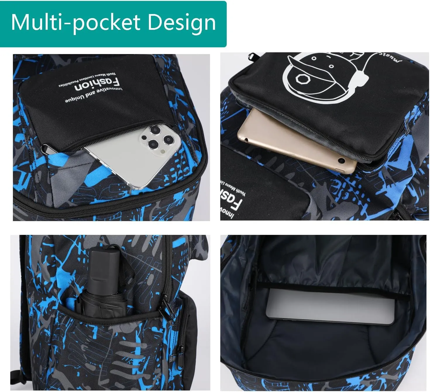 FLYMEI Bookbags for Teen Boys Anime Cartoon Luminous Backpack with USB Charging Port 17 Inch Cool Laptop School Backpack for Men, Graffiti Blue