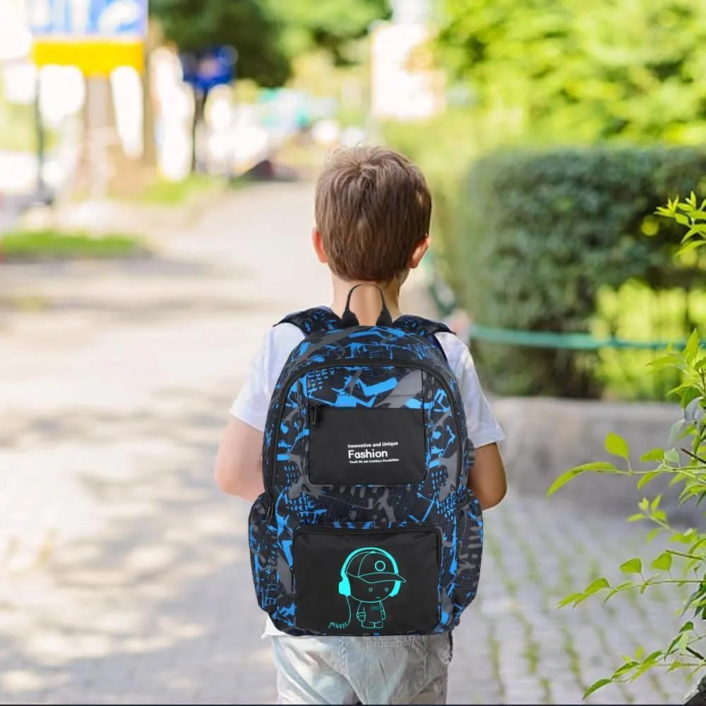 FLYMEI Bookbags for Teen Boys Anime Cartoon Luminous Backpack with USB Charging Port 17 Inch Cool Laptop School Backpack for Men, Graffiti Blue