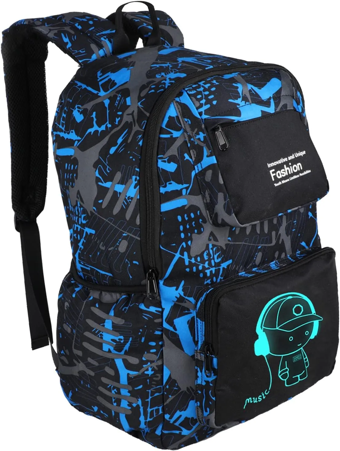 FLYMEI Bookbags for Teen Boys Anime Cartoon Luminous Backpack with USB Charging Port 17 Inch Cool Laptop School Backpack for Men, Graffiti Blue