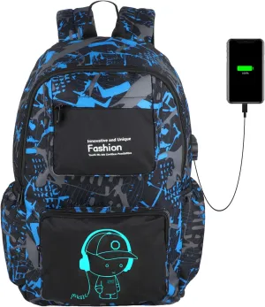 FLYMEI Bookbags for Teen Boys Anime Cartoon Luminous Backpack with USB Charging Port 17 Inch Cool Laptop School Backpack for Men, Graffiti Blue