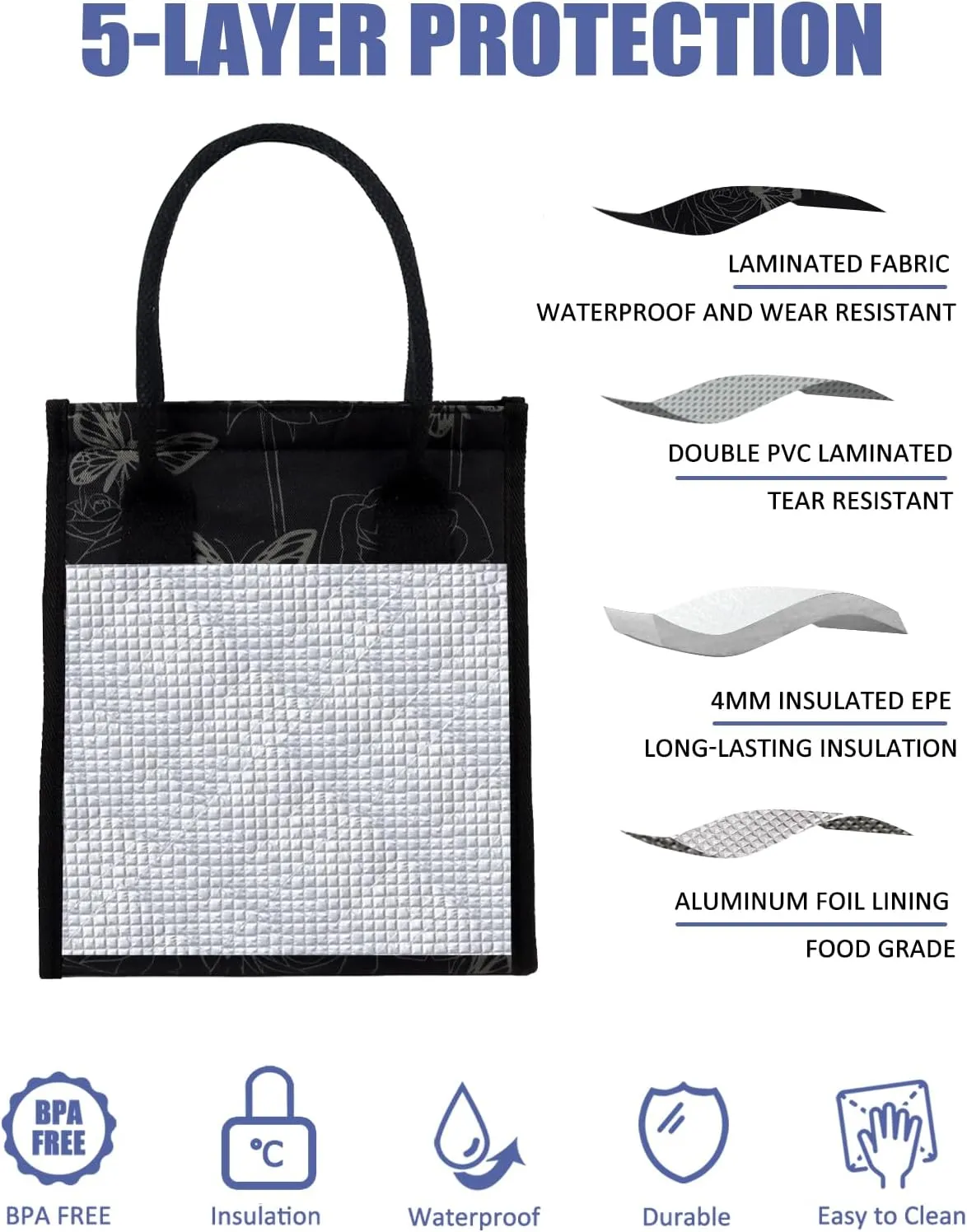 Fmeida Insulated Lunch Bag Women, Simple Lunch Tote Bags, Waterproof Thermal Cooler Lunch Bag, Reusable Adult Lunch Box Bag for Women | Medium Butterfly, Front&Side&Interior Pockets