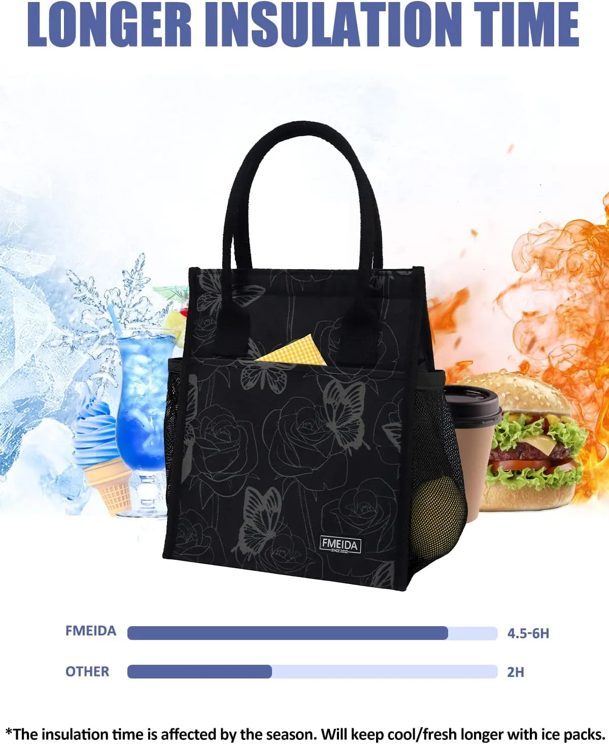 Fmeida Insulated Lunch Bag Women, Simple Lunch Tote Bags, Waterproof Thermal Cooler Lunch Bag, Reusable Adult Lunch Box Bag for Women | Medium Butterfly, Front&Side&Interior Pockets