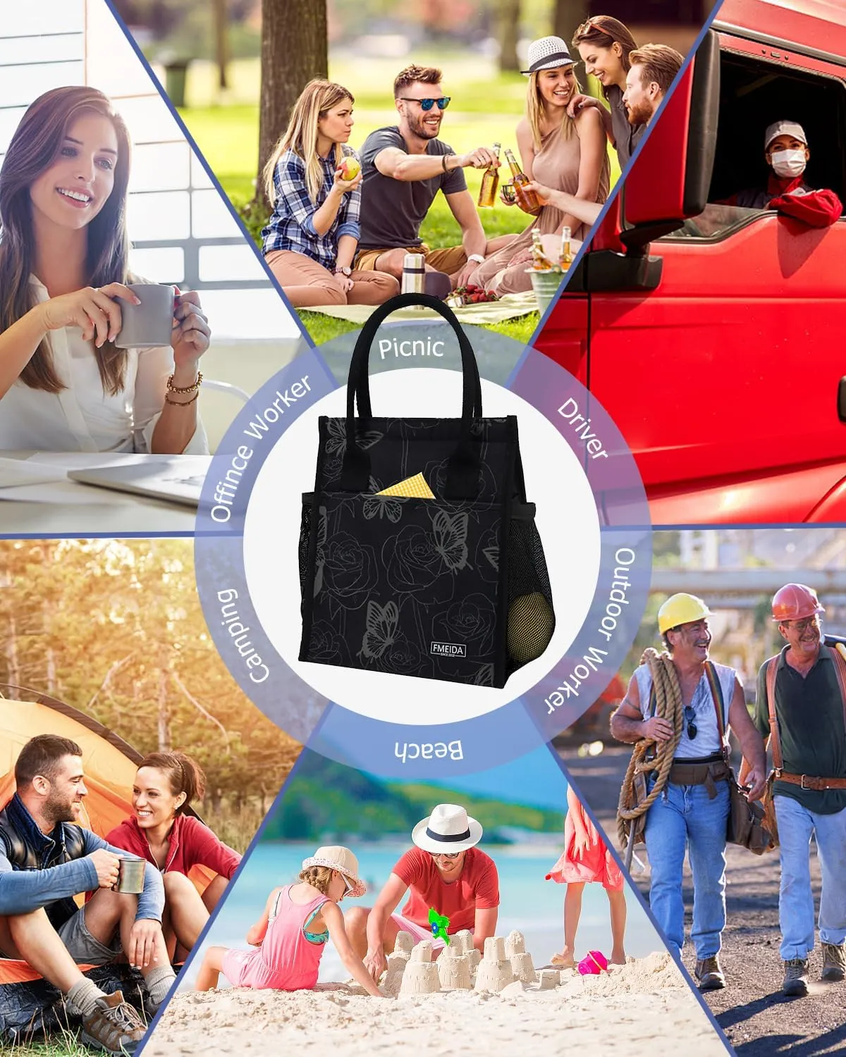 Fmeida Insulated Lunch Bag Women, Simple Lunch Tote Bags, Waterproof Thermal Cooler Lunch Bag, Reusable Adult Lunch Box Bag for Women | Medium Butterfly, Front&Side&Interior Pockets