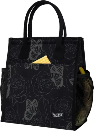 Fmeida Insulated Lunch Bag Women, Simple Lunch Tote Bags, Waterproof Thermal Cooler Lunch Bag, Reusable Adult Lunch Box Bag for Women | Medium Butterfly, Front&Side&Interior Pockets