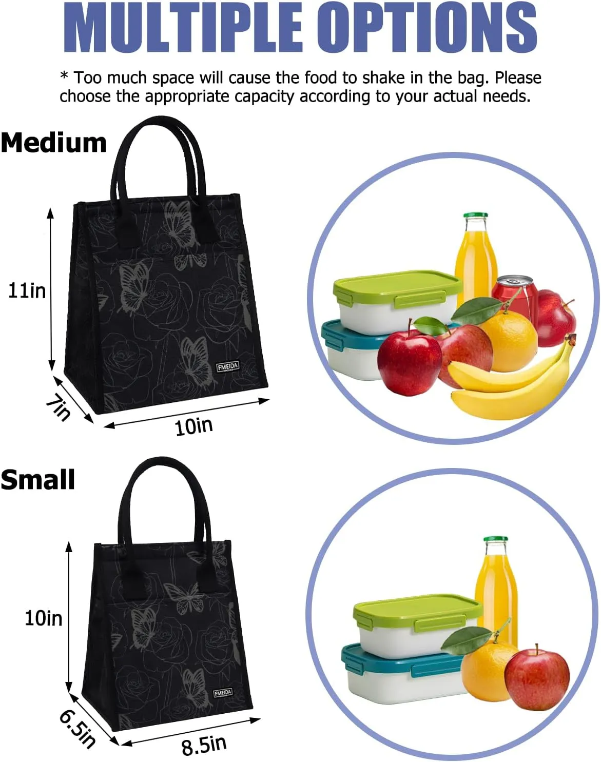 Fmeida Insulated Lunch Bag Women, Simple Lunch Tote Bags, Waterproof Thermal Cooler Lunch Bag, Reusable Adult Lunch Box Bag for Women | Medium Butterfly, Front&Side&Interior Pockets