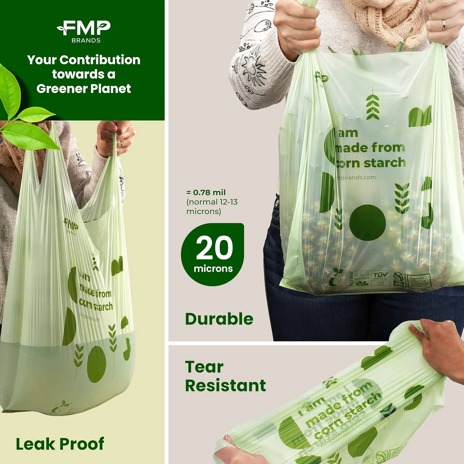 FMP Brands 100% Compostable Bags with Handle - 2.6 Gallon 0.78 Mil Grocery Shopping Bags, Small Garbage Bags for Bathroom, and Food Scrap, BPI & OK Compost Certified, ASTM D6400 Compliant [100 Count]