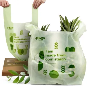 FMP Brands 100% Compostable Bags with Handle - 2.6 Gallon 0.78 Mil Grocery Shopping Bags, Small Garbage Bags for Bathroom, and Food Scrap, BPI & OK Compost Certified, ASTM D6400 Compliant [100 Count]