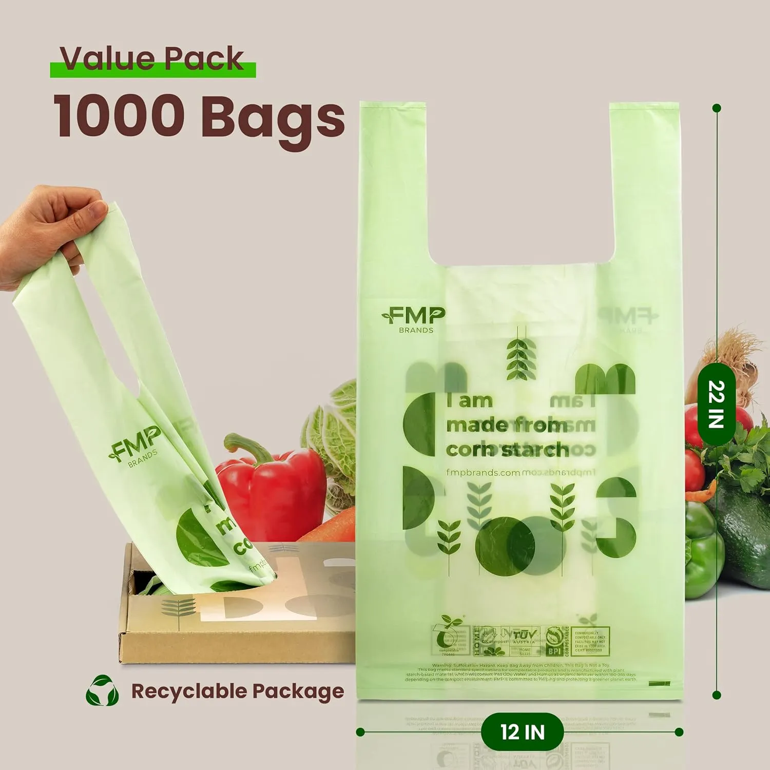 FMP Brands 100% Compostable Bags with Handle - 2.6 Gallon 0.78 Mil Grocery Shopping Bags, Small Garbage Bags for Bathroom, and Food Scrap, BPI & OK Compost Certified, ASTM D6400 Compliant [100 Count]