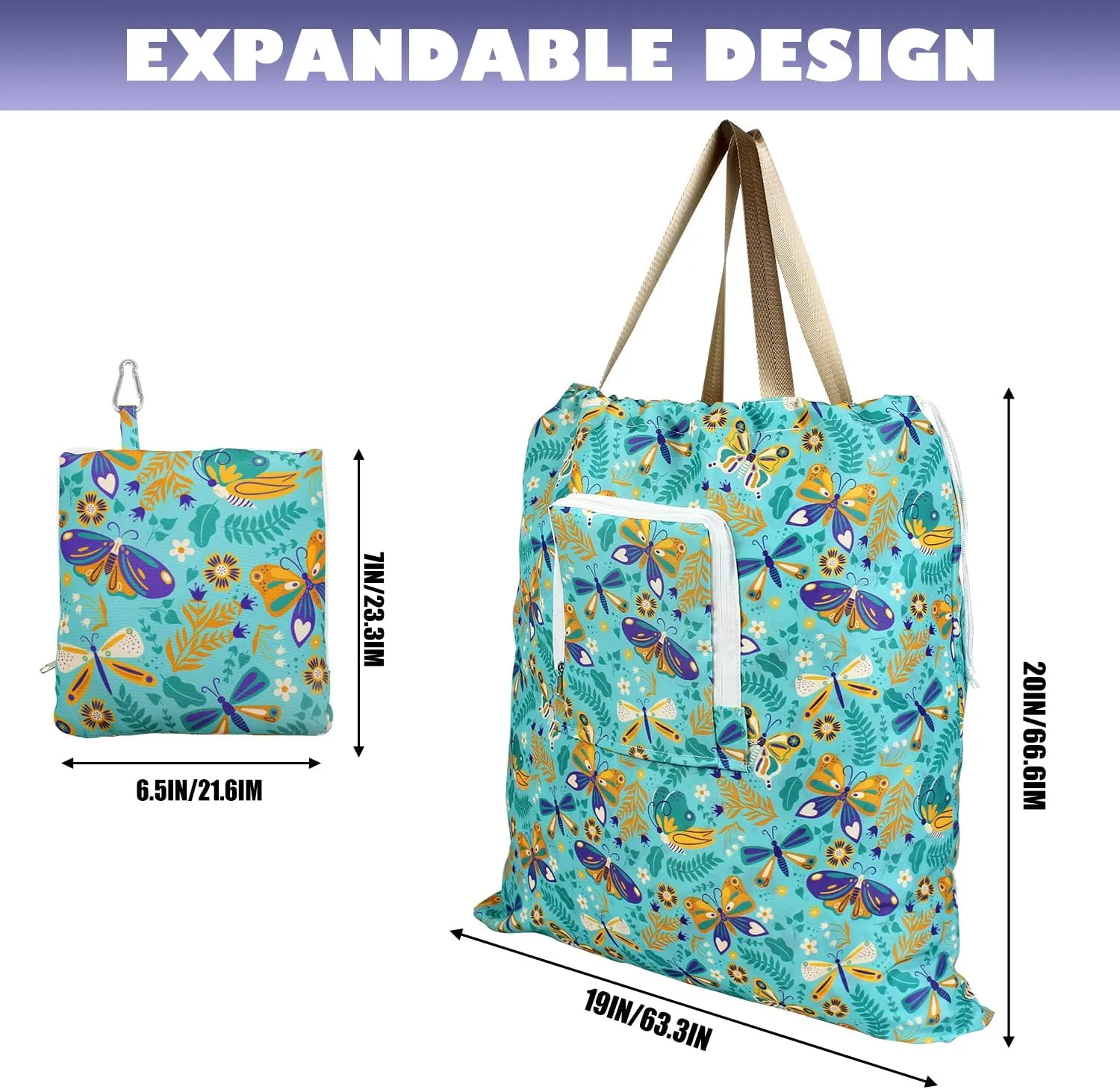 Foldable Travel Laundry Bag with Handle and Drawstring, 2 Pack Expandable Dirty Clothes Bags with Aluminum Carabiner and Zipper, Lightweight Laundry Hamper Liner for Travel, Camp, 20*19 inch