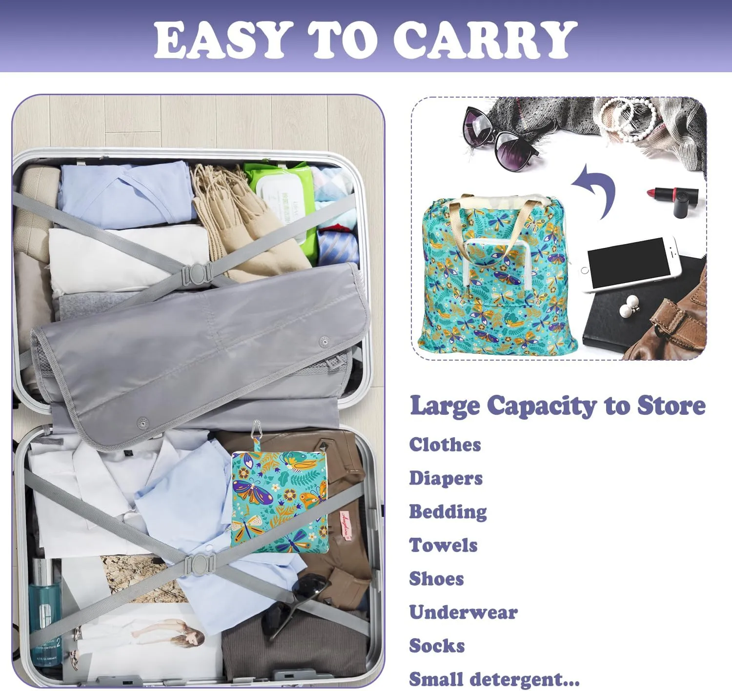 Foldable Travel Laundry Bag with Handle and Drawstring, 2 Pack Expandable Dirty Clothes Bags with Aluminum Carabiner and Zipper, Lightweight Laundry Hamper Liner for Travel, Camp, 20*19 inch