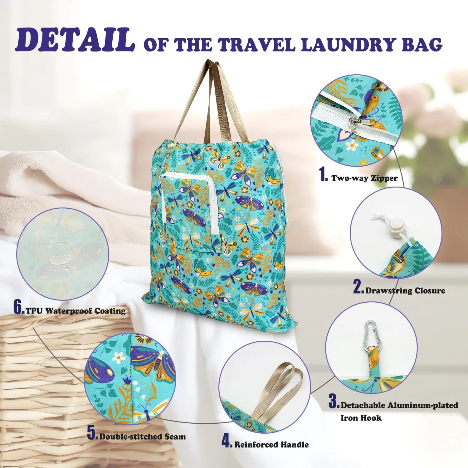 Foldable Travel Laundry Bag with Handle and Drawstring, 2 Pack Expandable Dirty Clothes Bags with Aluminum Carabiner and Zipper, Lightweight Laundry Hamper Liner for Travel, Camp, 20*19 inch