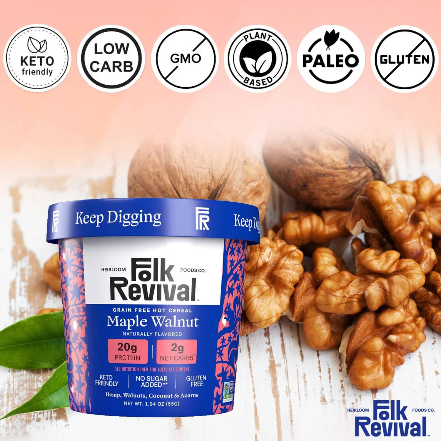 Folk Revival Maple Walnut Keto Instant Oatmeal - 20g Protein, 2g Net Carbs, High Fiber, Non GMO, Gluten Free, Made with Acorns - 6 Cups Per Case