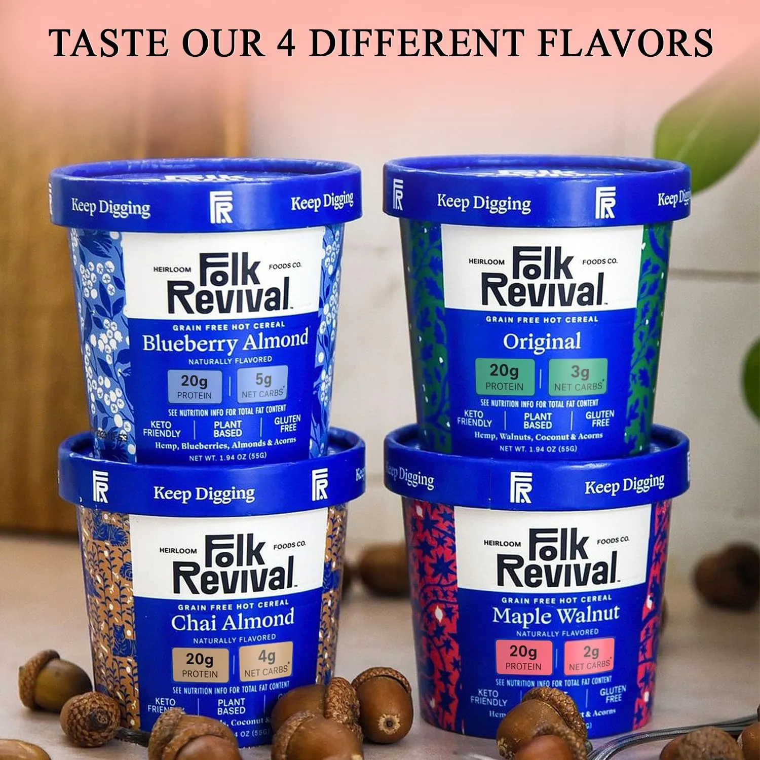 Folk Revival Maple Walnut Keto Instant Oatmeal - 20g Protein, 2g Net Carbs, High Fiber, Non GMO, Gluten Free, Made with Acorns - 6 Cups Per Case