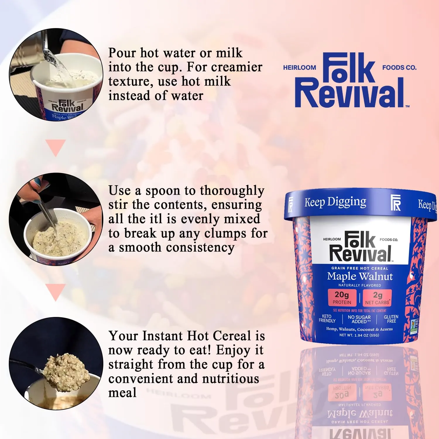 Folk Revival Maple Walnut Keto Instant Oatmeal - 20g Protein, 2g Net Carbs, High Fiber, Non GMO, Gluten Free, Made with Acorns - 6 Cups Per Case
