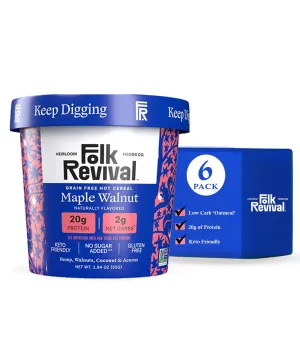 Folk Revival Maple Walnut Keto Instant Oatmeal - 20g Protein, 2g Net Carbs, High Fiber, Non GMO, Gluten Free, Made with Acorns - 6 Cups Per Case