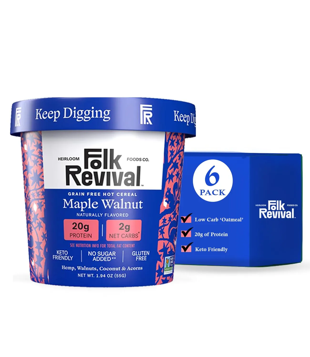 Folk Revival Maple Walnut Keto Instant Oatmeal - 20g Protein, 2g Net Carbs, High Fiber, Non GMO, Gluten Free, Made with Acorns - 6 Cups Per Case