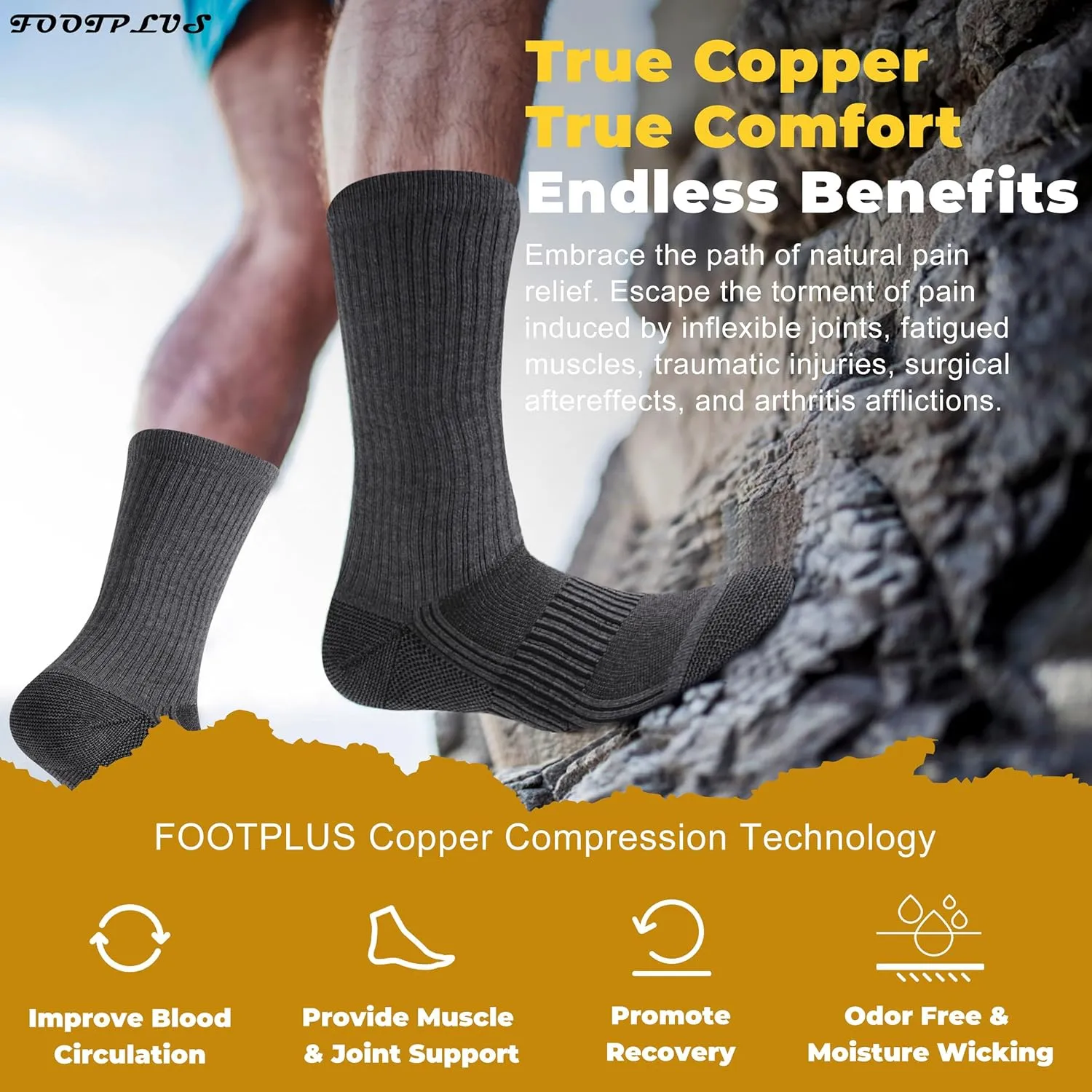 FOOTPLUS Hiking Copper Compression Socks,Unisex Cushioned Sole Arch Support Athletic Crew Running Socks