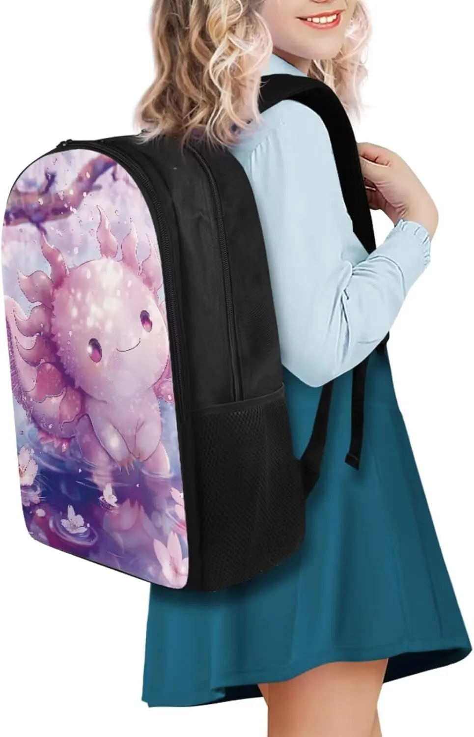 FOR U DESIGNS Axolotl Backpacks for Girls Cute School Bags 8-10 Years Large Capacity 4 Piece Backpack Set with Lunch Box Kawaii Bookbag for 4th Grade Girl