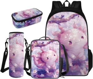 FOR U DESIGNS Axolotl Backpacks for Girls Cute School Bags 8-10 Years Large Capacity 4 Piece Backpack Set with Lunch Box Kawaii Bookbag for 4th Grade Girl