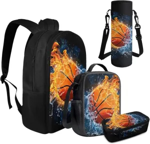 FOR U DESIGNS Basketball Backpack for Boys 8-12 Bookbag and Lunch Box Set Cool Lightweight School Bag and Lunch Bag Set 4 Piece Back to School Gifts for Kids