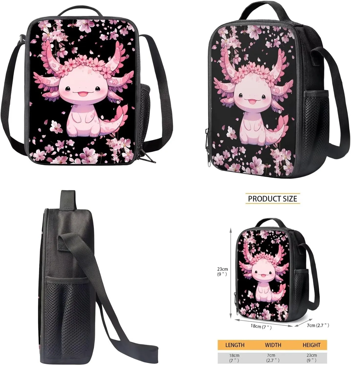 FOR U DESIGNS Cute Axolotl Backpack for Girls 4 in 1 Bookbag and Lunch Box Set Kawaii School Bag with Water Bottle Holder Lightweight Mochilas Para Niños
