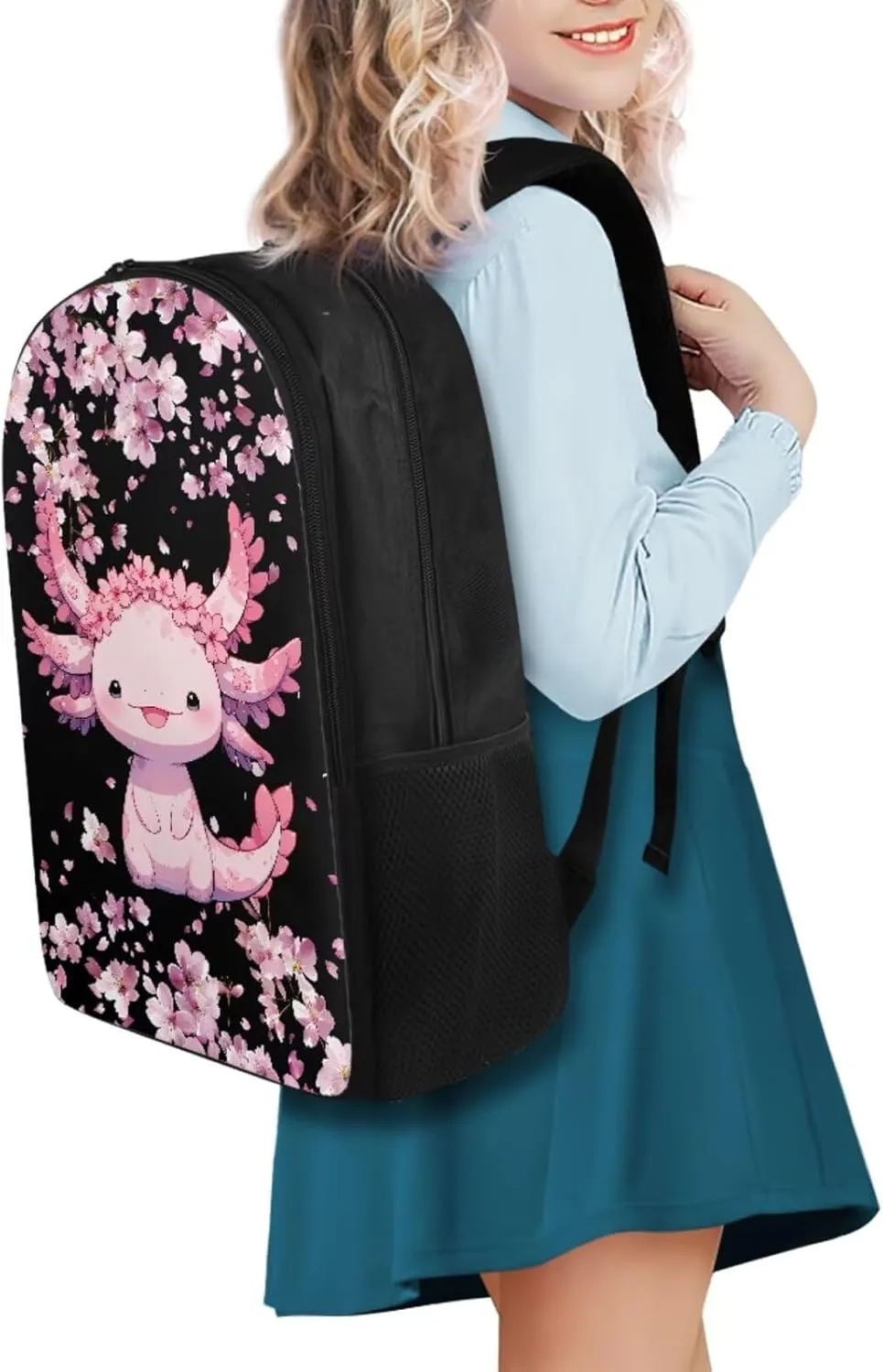 FOR U DESIGNS Cute Axolotl Backpack for Girls 4 in 1 Bookbag and Lunch Box Set Kawaii School Bag with Water Bottle Holder Lightweight Mochilas Para Niños