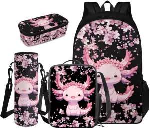 FOR U DESIGNS Cute Axolotl Backpack for Girls 4 in 1 Bookbag and Lunch Box Set Kawaii School Bag with Water Bottle Holder Lightweight Mochilas Para Niños