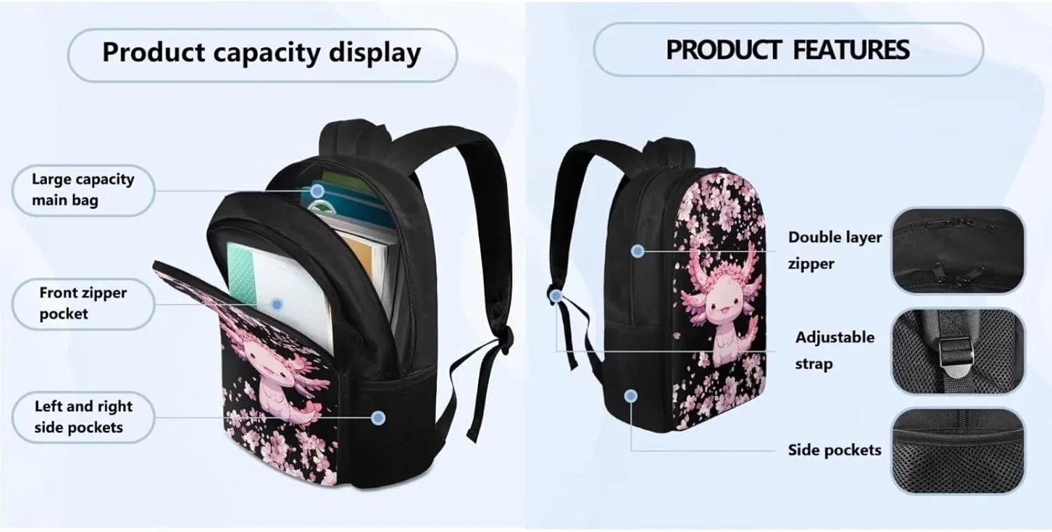FOR U DESIGNS Cute Axolotl Backpack for Girls 4 in 1 Bookbag and Lunch Box Set Kawaii School Bag with Water Bottle Holder Lightweight Mochilas Para Niños