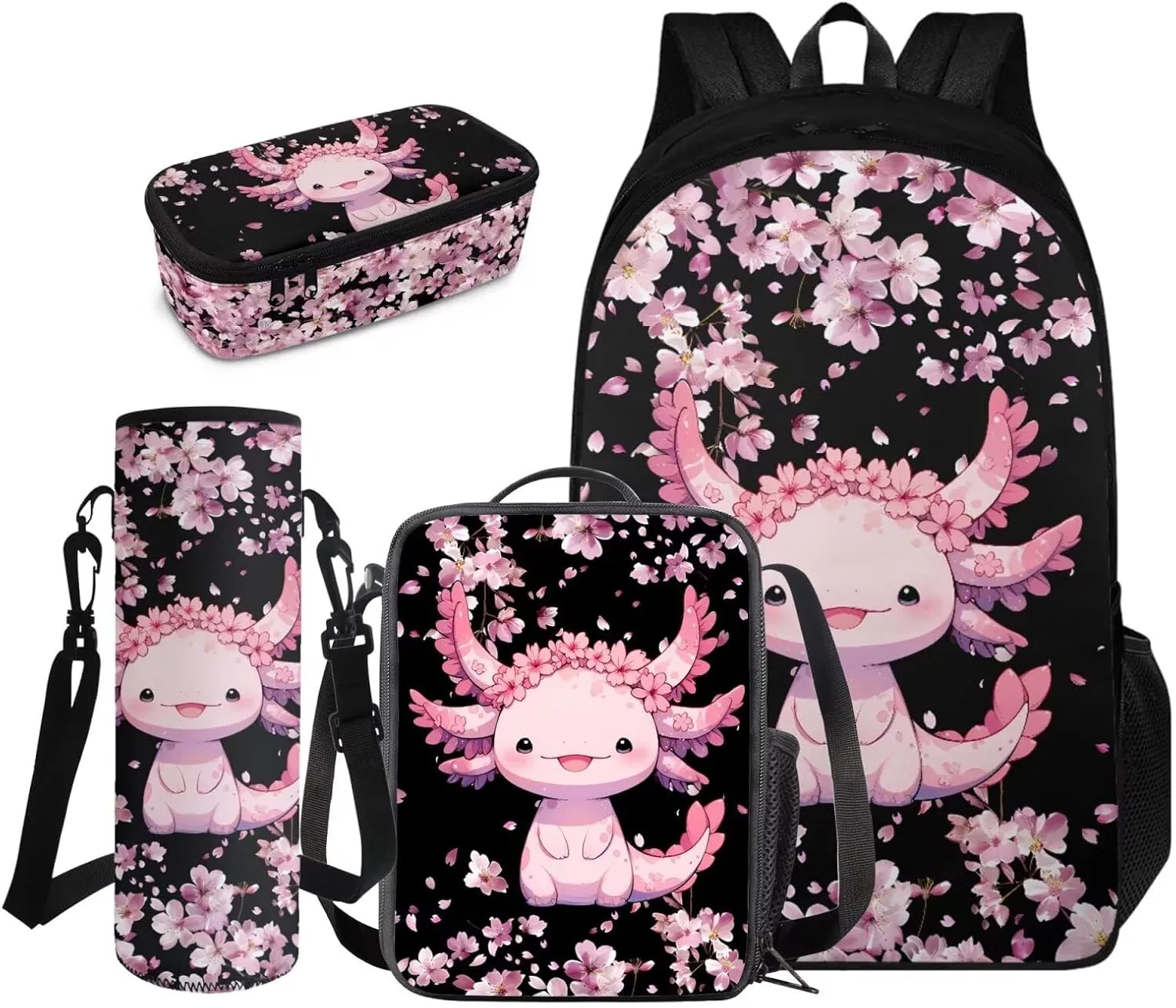 FOR U DESIGNS Cute Axolotl Backpack for Girls 4 in 1 Bookbag and Lunch Box Set Kawaii School Bag with Water Bottle Holder Lightweight Mochilas Para Niños