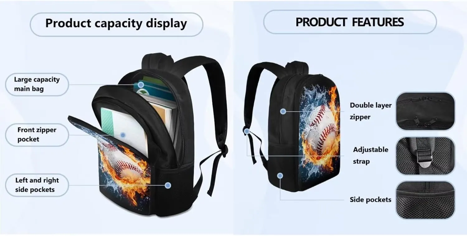 FOR U DESIGNS Youth Baseball Backpack for Boys 8-12 Large Capacity Bookbag Set with Lunch Box Cool Middle School Book Bags 6th Grade Boys Lightweight Travel Rucksack