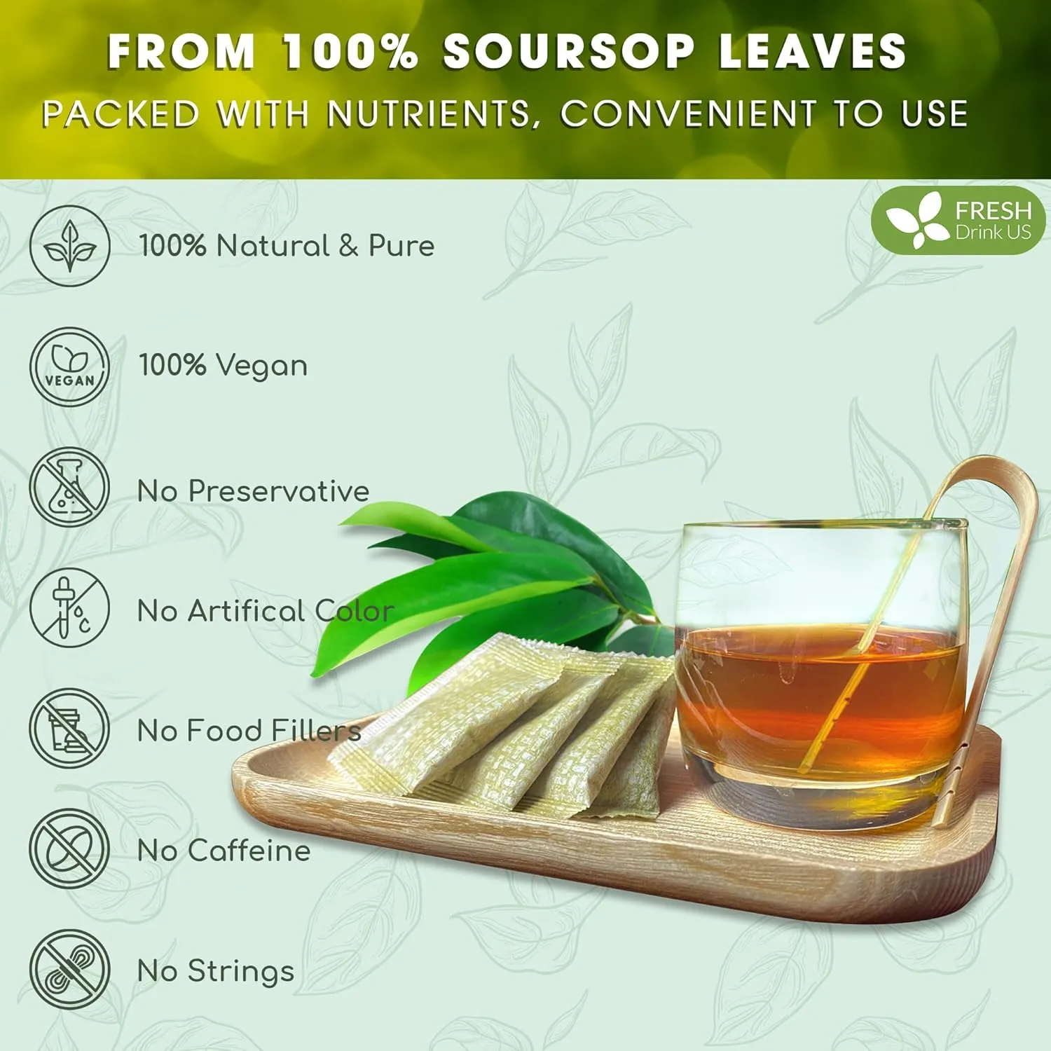 FreshDrinkUS, 105 Premium Soursop Graviola Leaf Tea Bags, The Finest Soursop Tea, 100% Natural and Pure, Handmade, Made With Natural Materials-Corn Fiber Tea Bag, Sugar/ Caffeine/ Gluten Free, Hoja Guanabana Tea