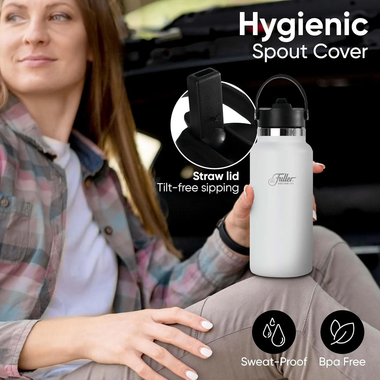 Fuller Stainless Steel Water Bottle with Straw Lid – BPA-Free, Sweat-Proof, Leak-Proof Travel Mug – Double Wall Insulated for Hot & Cold Drinks – Carry Handle (White, 32 Oz.)