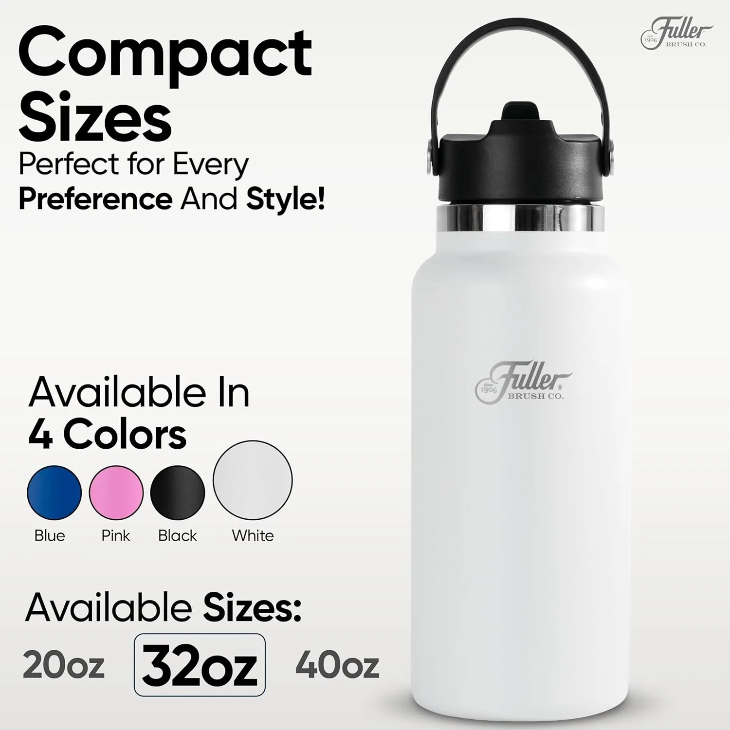 Fuller Stainless Steel Water Bottle with Straw Lid – BPA-Free, Sweat-Proof, Leak-Proof Travel Mug – Double Wall Insulated for Hot & Cold Drinks – Carry Handle (White, 32 Oz.)