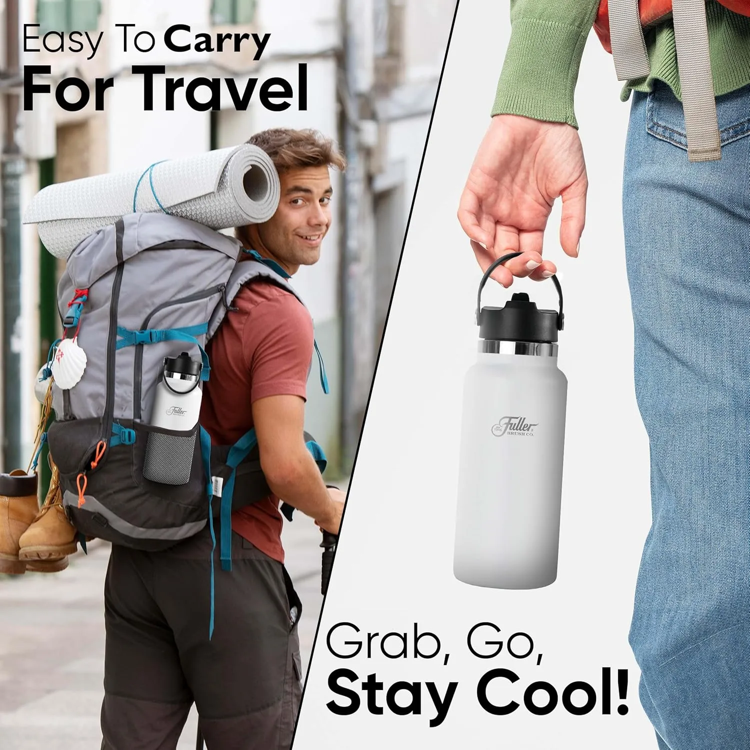 Fuller Stainless Steel Water Bottle with Straw Lid – BPA-Free, Sweat-Proof, Leak-Proof Travel Mug – Double Wall Insulated for Hot & Cold Drinks – Carry Handle (White, 32 Oz.)